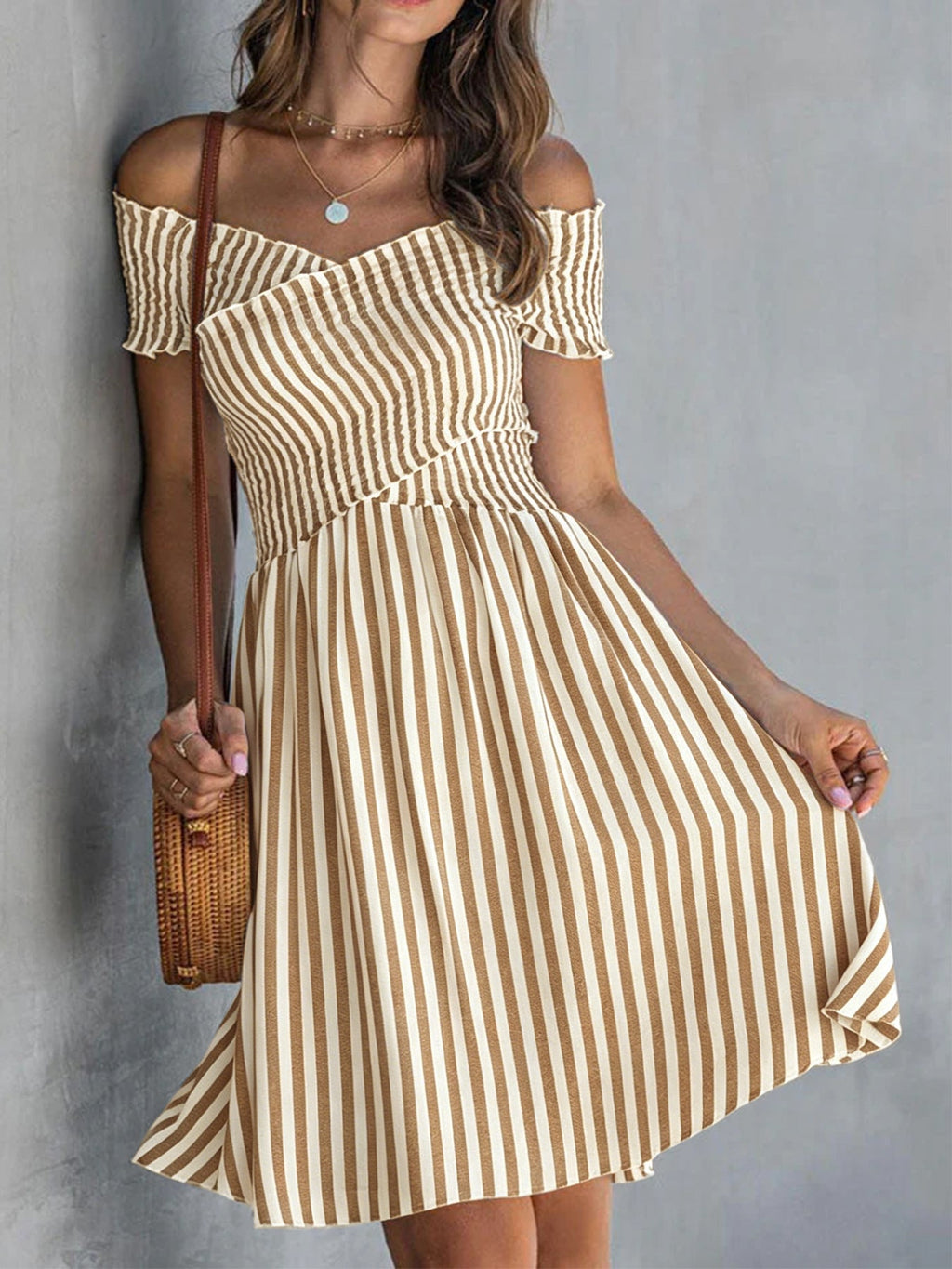 Women's Off-Shoulder Striped Waist-Cinching Midi Dress