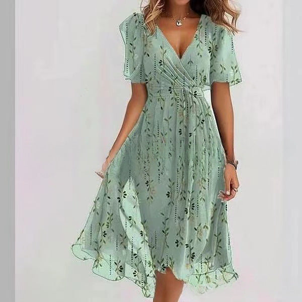 Floral Print A-Line Dress – V-Neck Short Sleeve Midi Dress