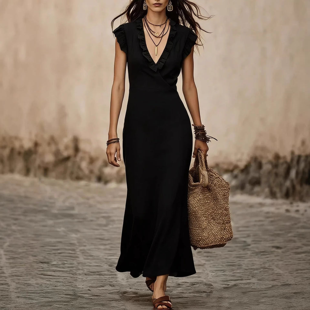 Women's V-Neck Cotton-Linen Flutter-Sleeve Ruffle-Trim Midi Dress