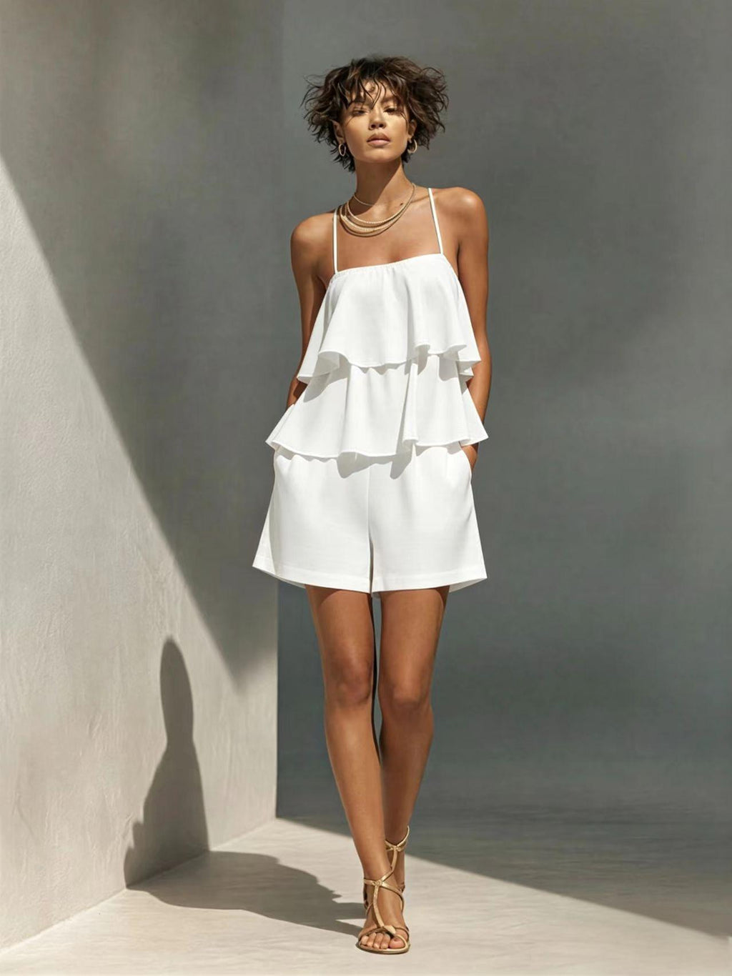 Women's Multi-Layer Ruffle Camisole & Shorts Set