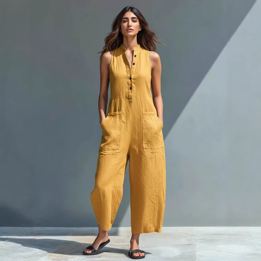 Casual Women’s Buttoned Stand Collar Sleeveless Loose Jumpsuit