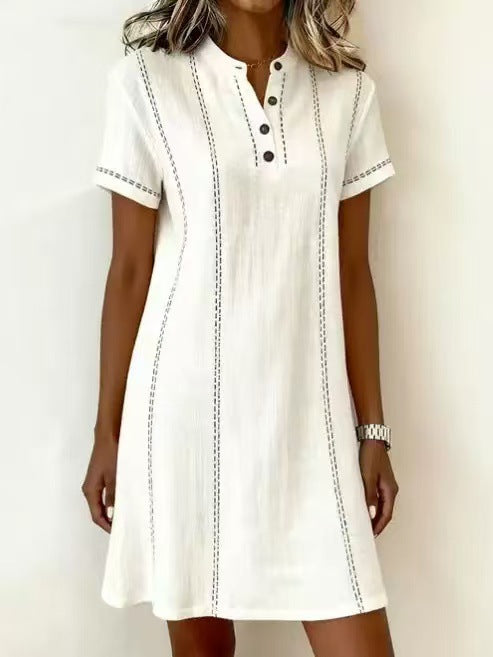 Women's Printed Button-Up Stand Collar Midi Dress – 3/4 Sleeve Loose Fit