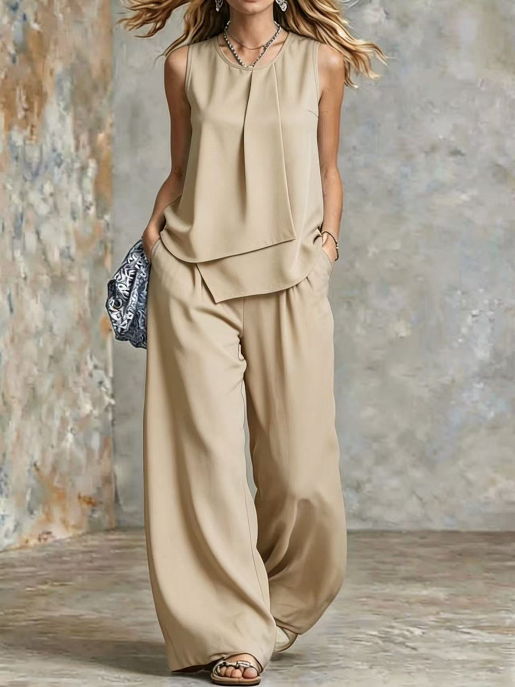 Women's Sleeveless Two-Piece Set – Solid Color Wide-Leg Pants & Top