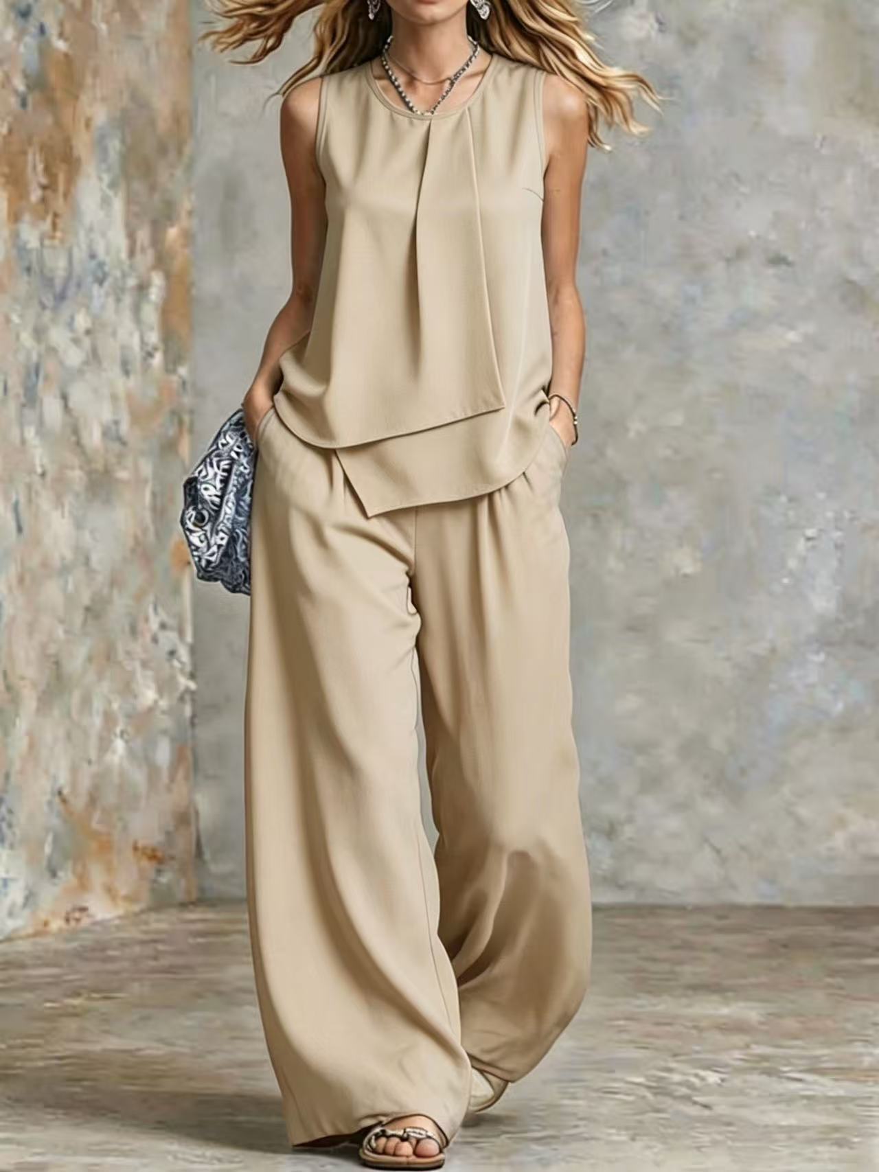 Women's Sleeveless Two-Piece Set – Solid Color Wide-Leg Pants & Top