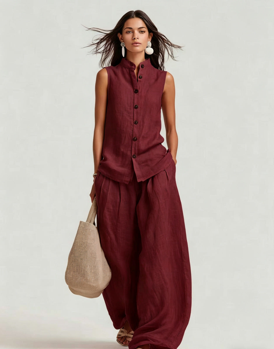 Women's Stand Collar Sleeveless Top & High-Waist Wide-Leg Pants Set