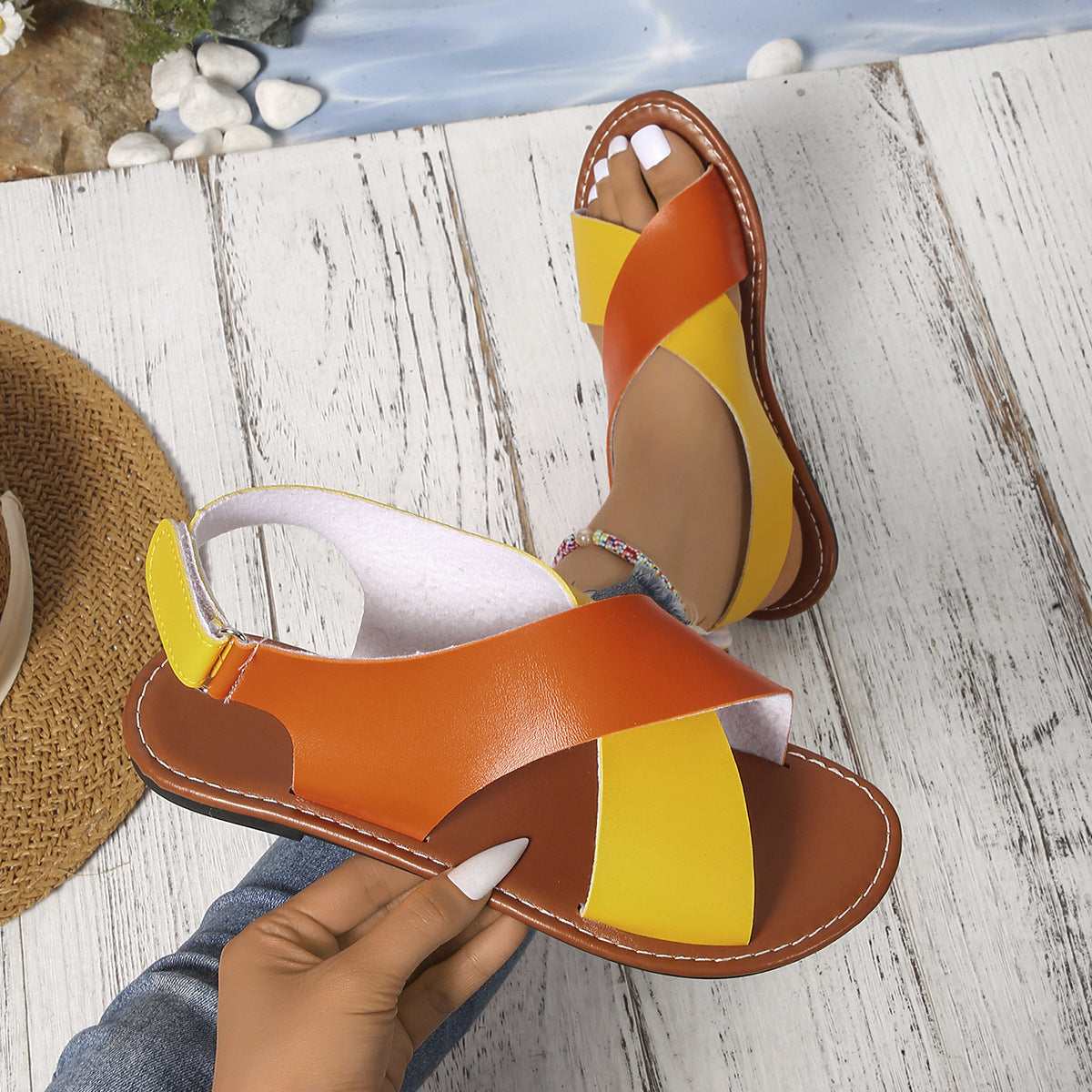 Women's Color-Block Cross-Strap Flat Sandals