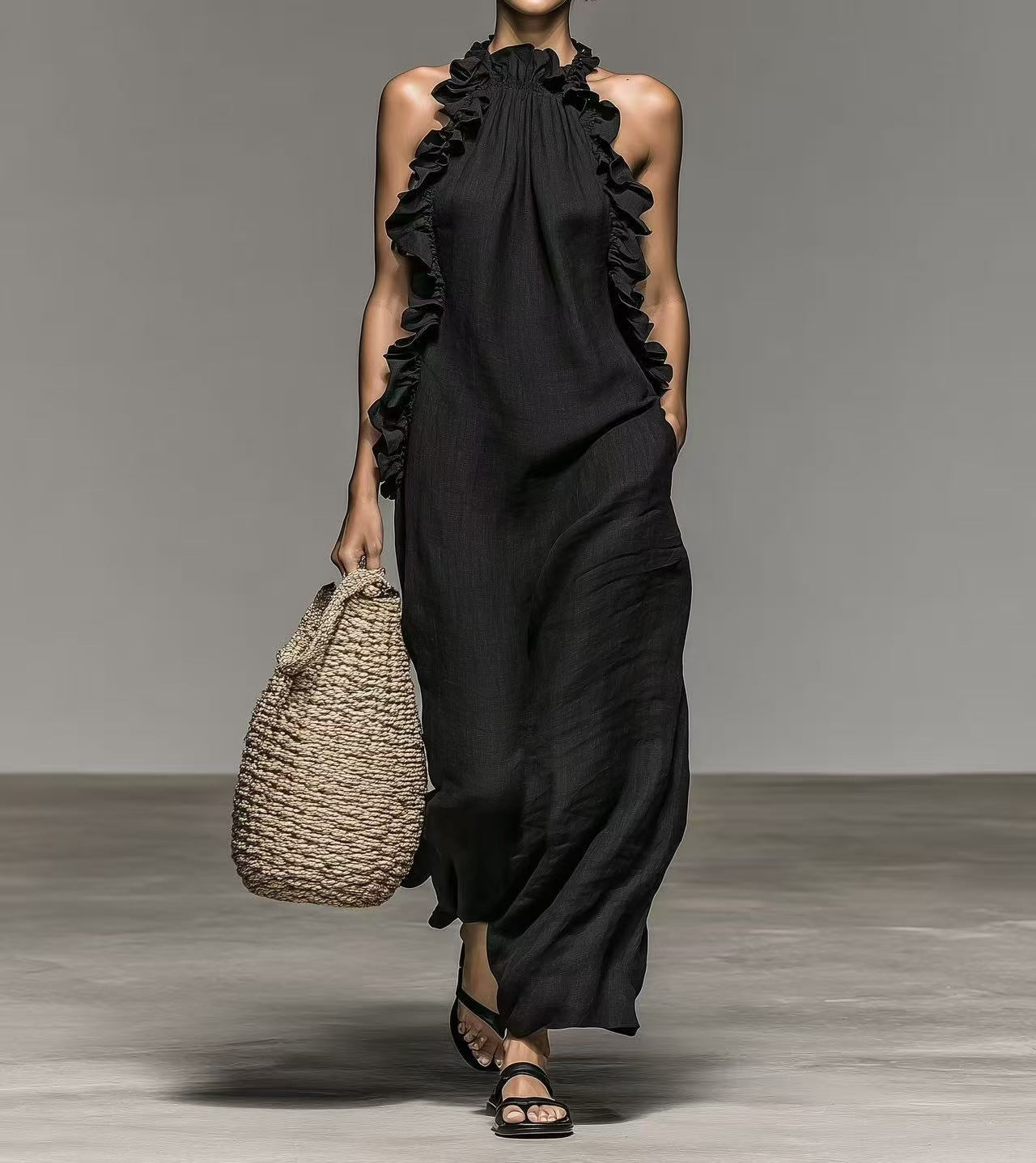 Halter Neck Ruffled Sleeveless Dress – Loose Fit Flowy Dress With Pockets