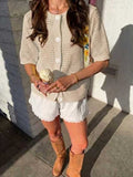 Women's Hollow-Out Knit Cardigan – Open Front, Short Sleeve, Solid Color