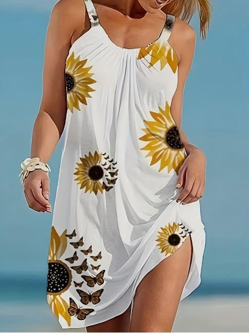 🌻 Plus Size Sunflower Print Sleeveless Wrap Dress