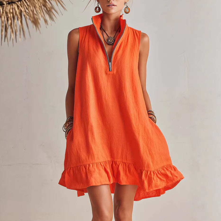 Women's Casual Loose Half-Zip Sleeveless Dress with Ruffle Hem