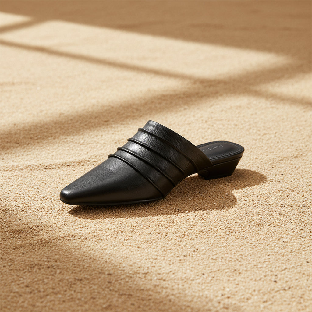 Handmade Sheepskin Ruched Mule Slides – Square Toe Low Heel