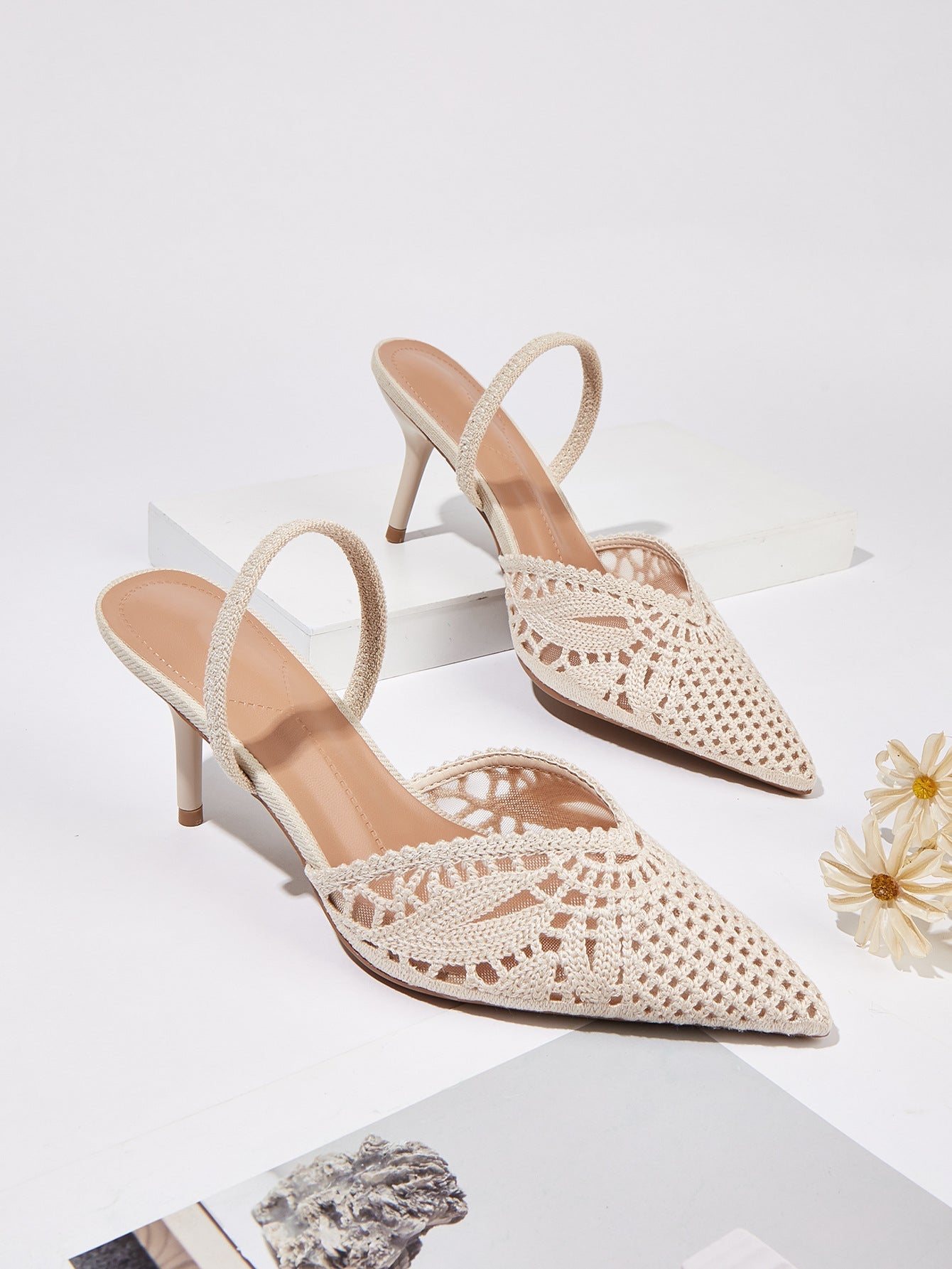 Women's Knitted Cutout Slingback Heeled Sandals – Pointed Toe High Heels