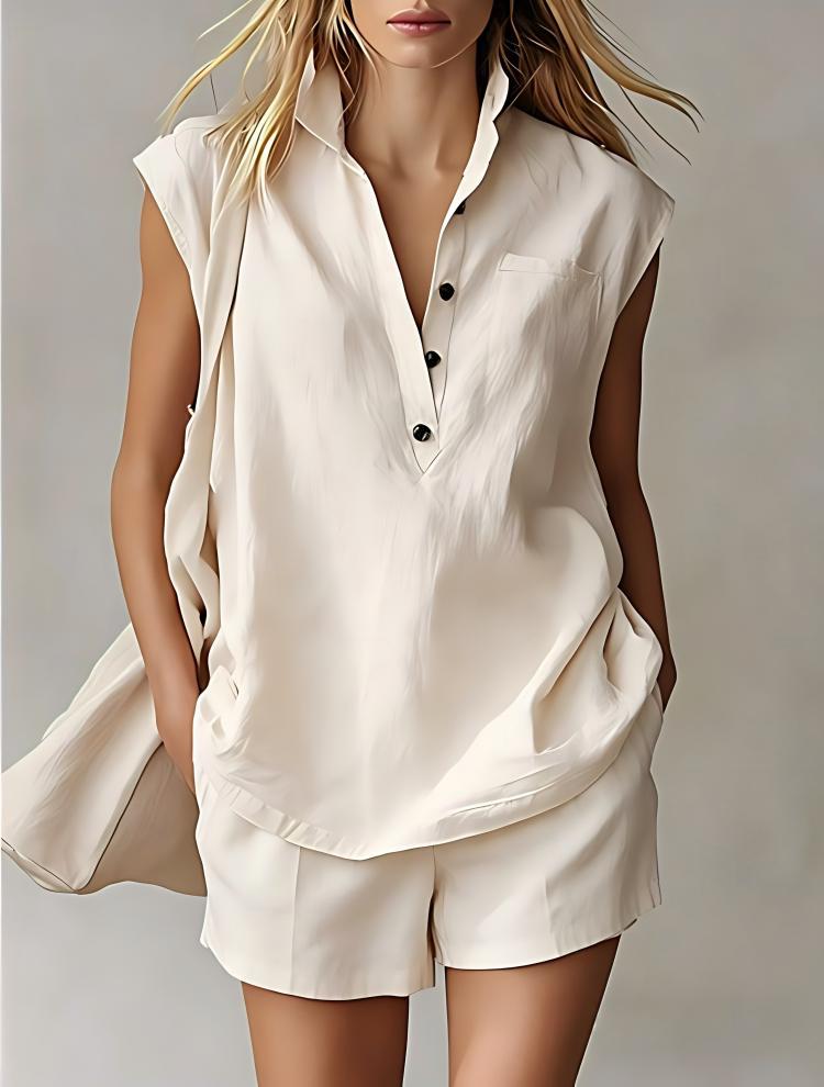 Women's Casual Sleeveless Cardigan Top & Shorts Set