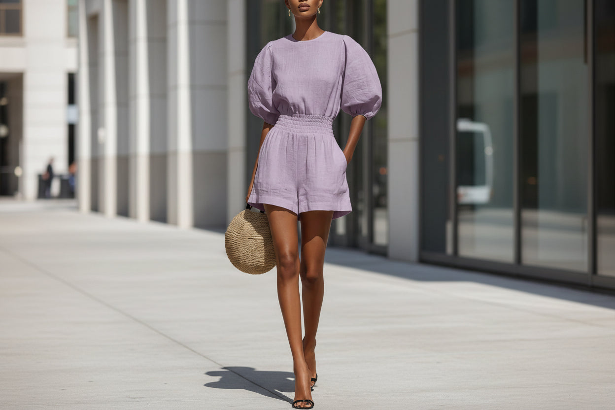 Women's Puff-Sleeve Top & Cropped Shorts Set – Casual Chic