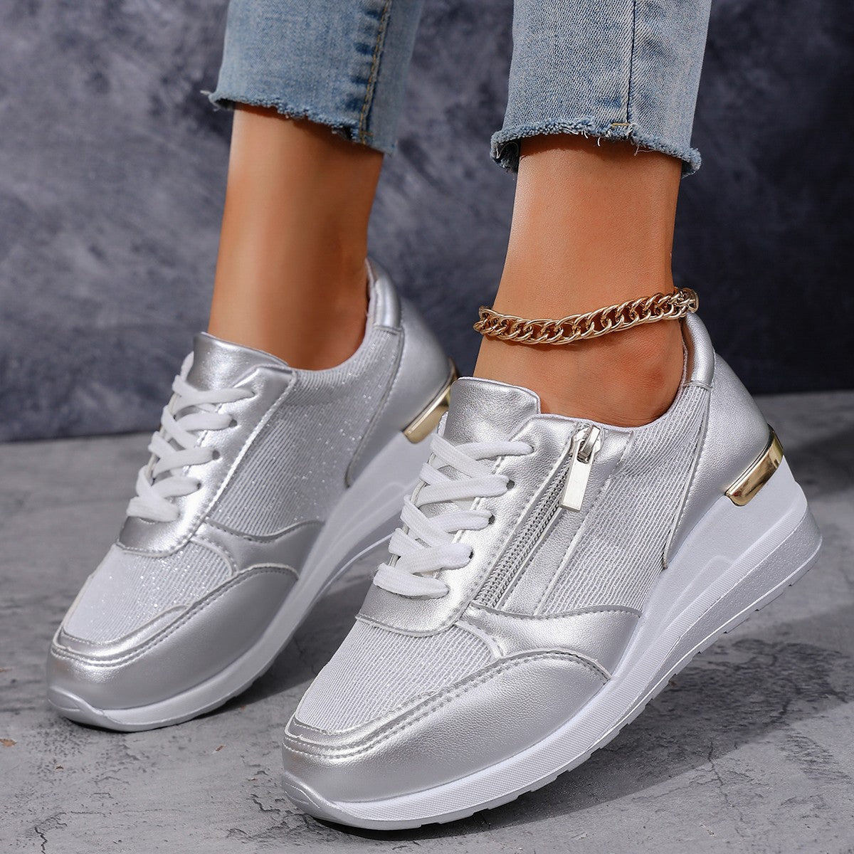 Metallic Lace-Up Side Zipper Thick-Sole Sneakers – 3 Colors EU 37–44