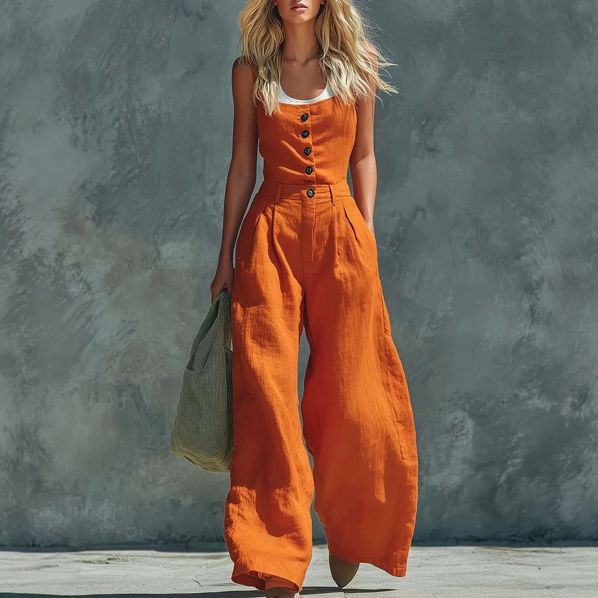 Women's Retro High-Waist Wide-Leg Jumpsuit – Vintage Button Closure Elegant