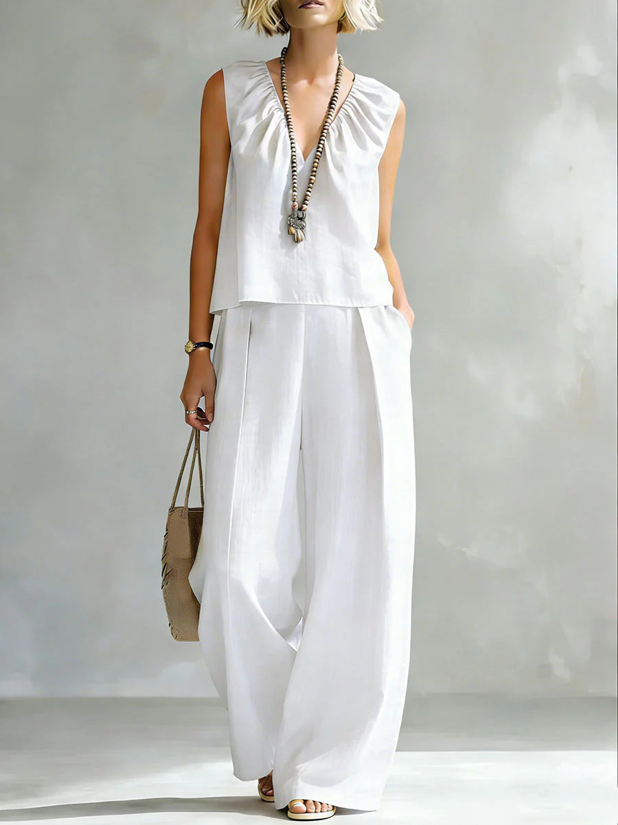 Women's Sleeveless Cotton-Linen Shirt & Pants Set – Urban 2-Piece