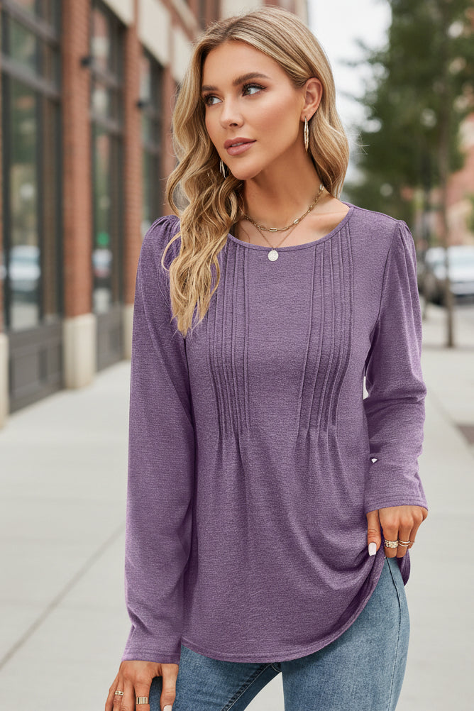 Women's Long Sleeve Crew Neck Blouse – Pintuck Pleat Front