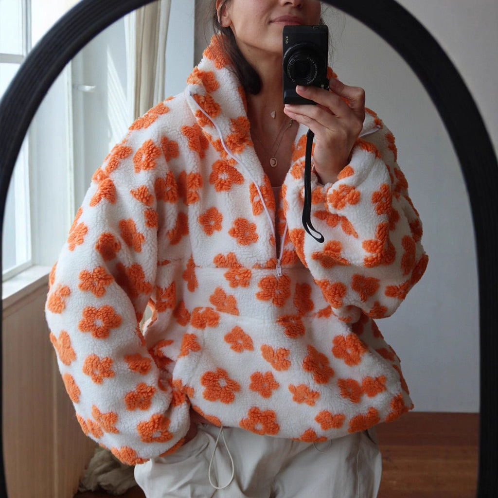 Winter Flowers Lambskin Sweatshirt Women | Cozy Zip-Up Pocket Pullover