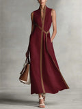 Women's Color Block Sleeveless Stand Collar Dress