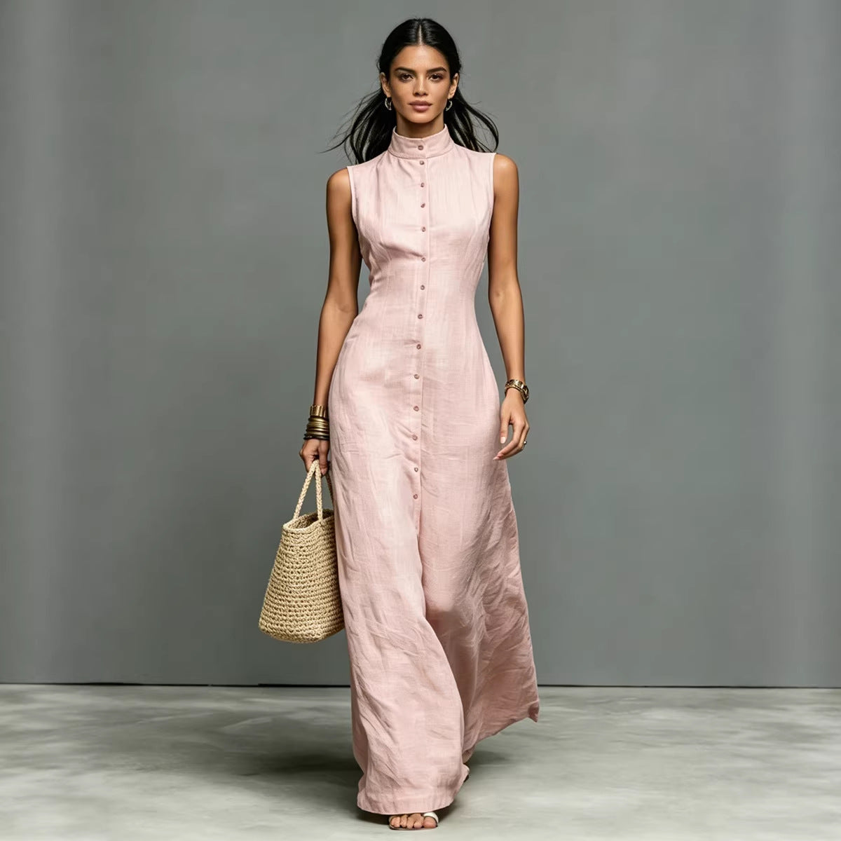 Women's Stand-Collar Single-Breasted Sleeveless Midi Dress