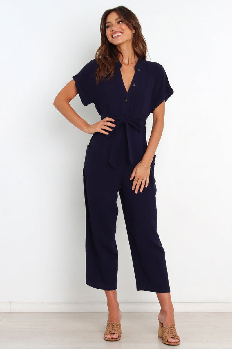 Women's V-Neck Cropped Wide-Leg Knit Jumpsuit