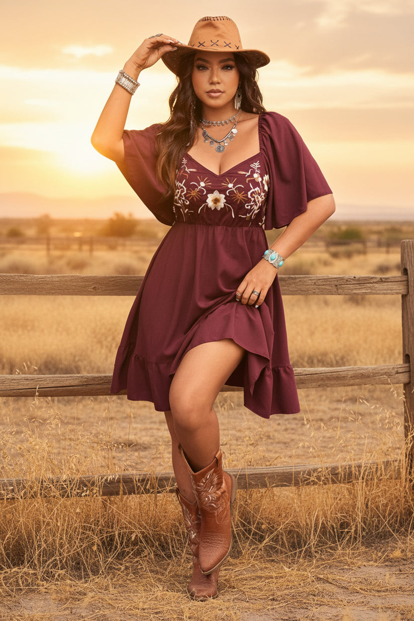 Women's Floral Embroidered Ruffle Short-Sleeve Midi Dress