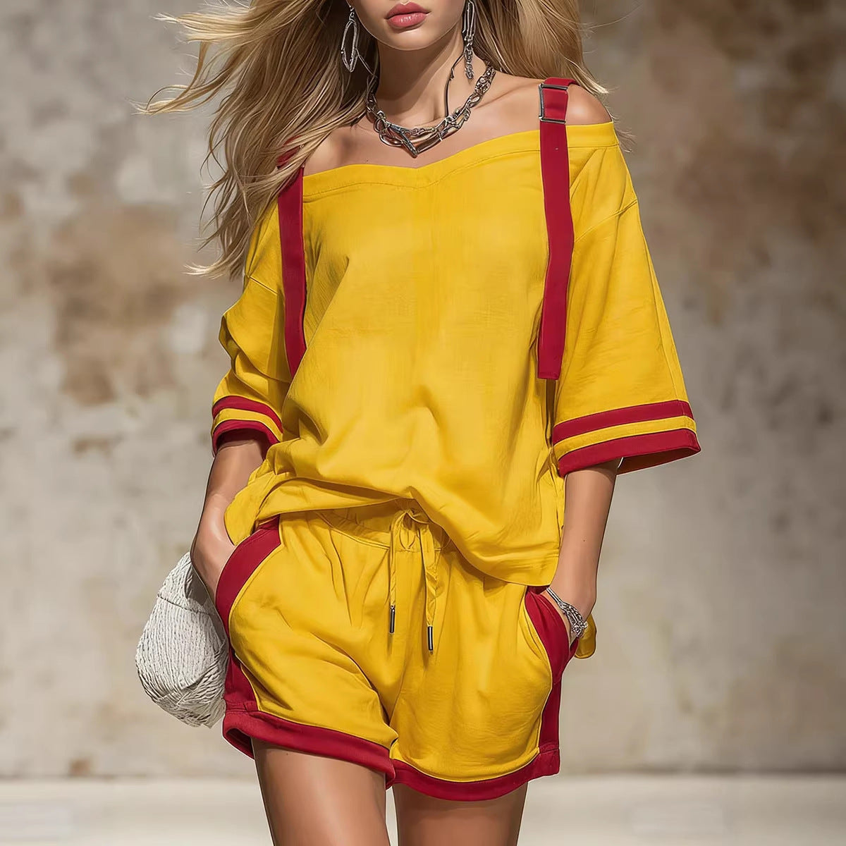 Women's Summer Contrast Color-Block Patchwork Shorts Set – 2-Piece