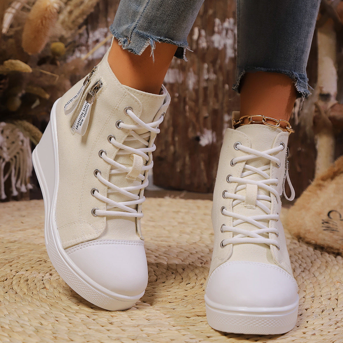 Women's Canvas Wedge Platform Lace-Up Sneakers