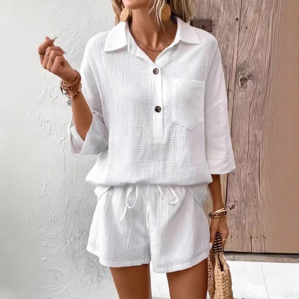 Women's Lapel Collar Double-Panel Shirt & Shorts Two-Piece Set