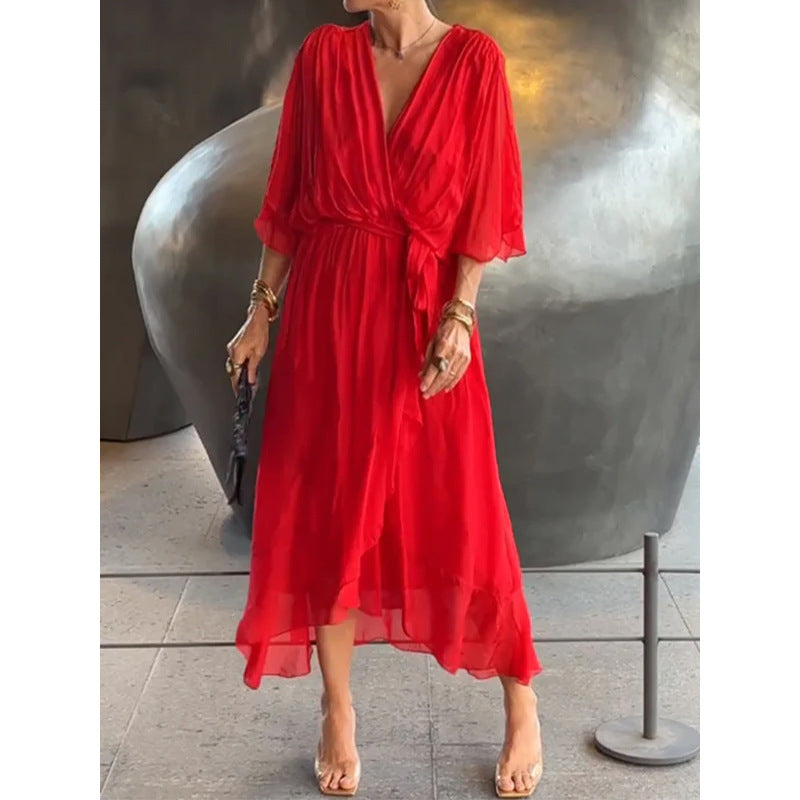 Batwing Sleeve V-Neck Midi Dress – Tied Irregular Hem Fairy Dress