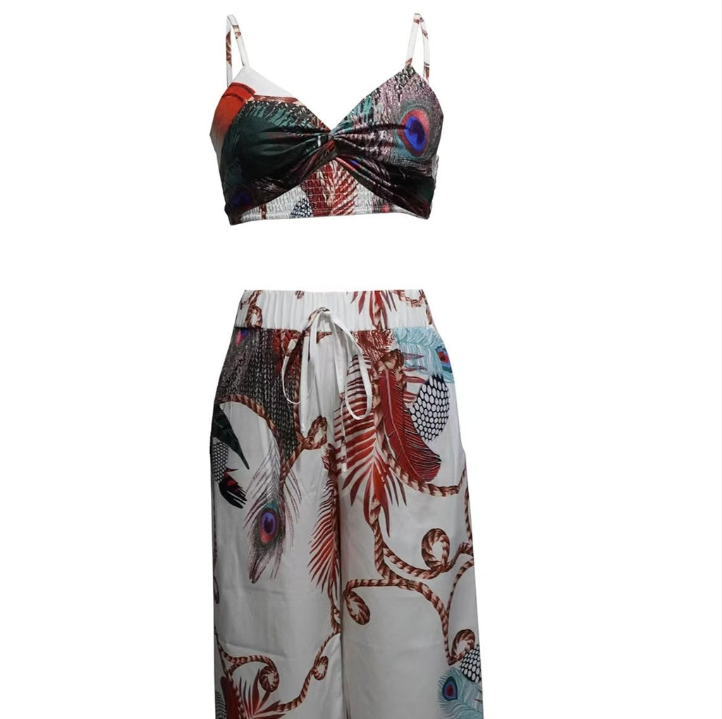 Women's Feather Print Crop Top & Pants Set – 2-Piece Vacation Outfit