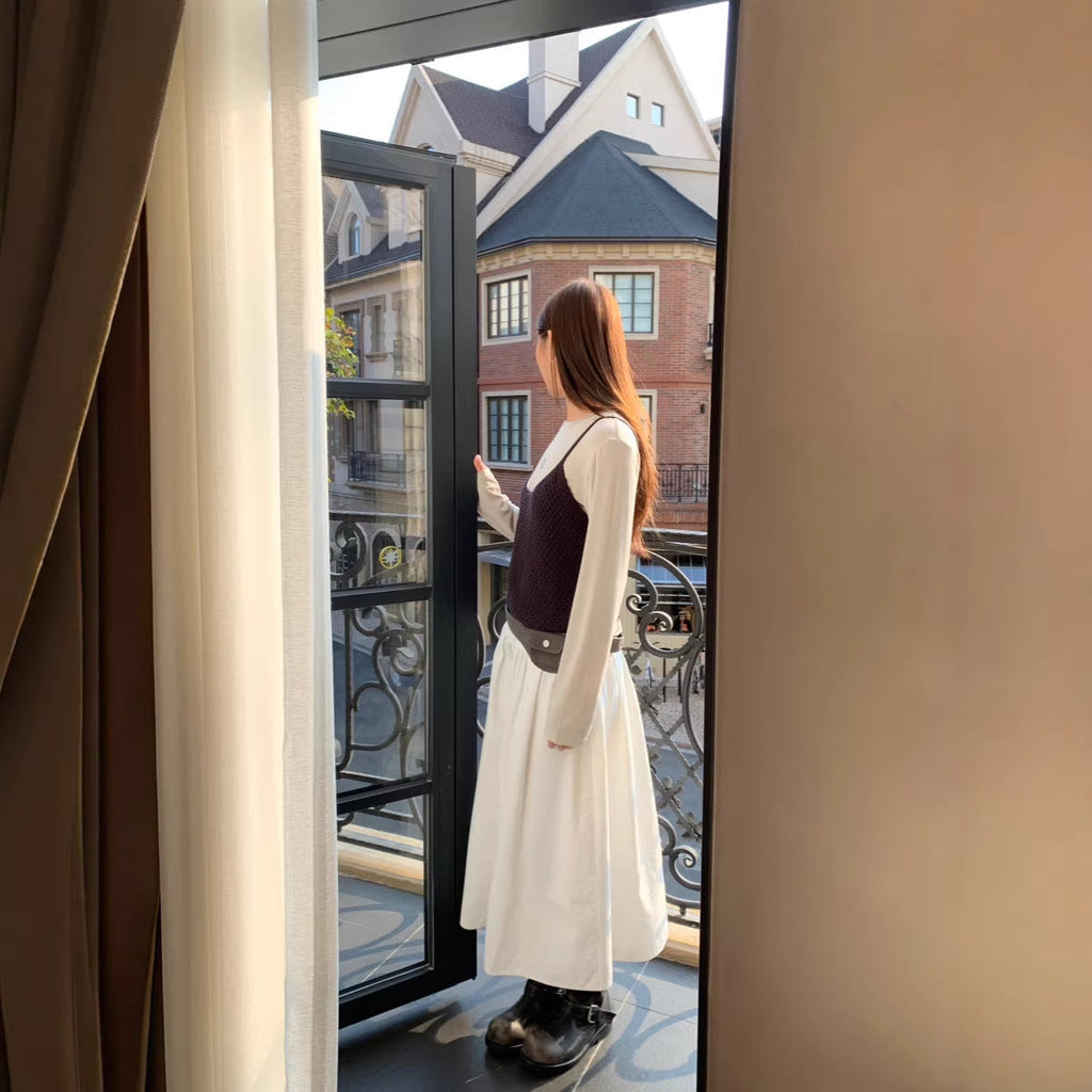 Relaxed A-Line Crushed Pleat Cotton Midi Skirt with Belt