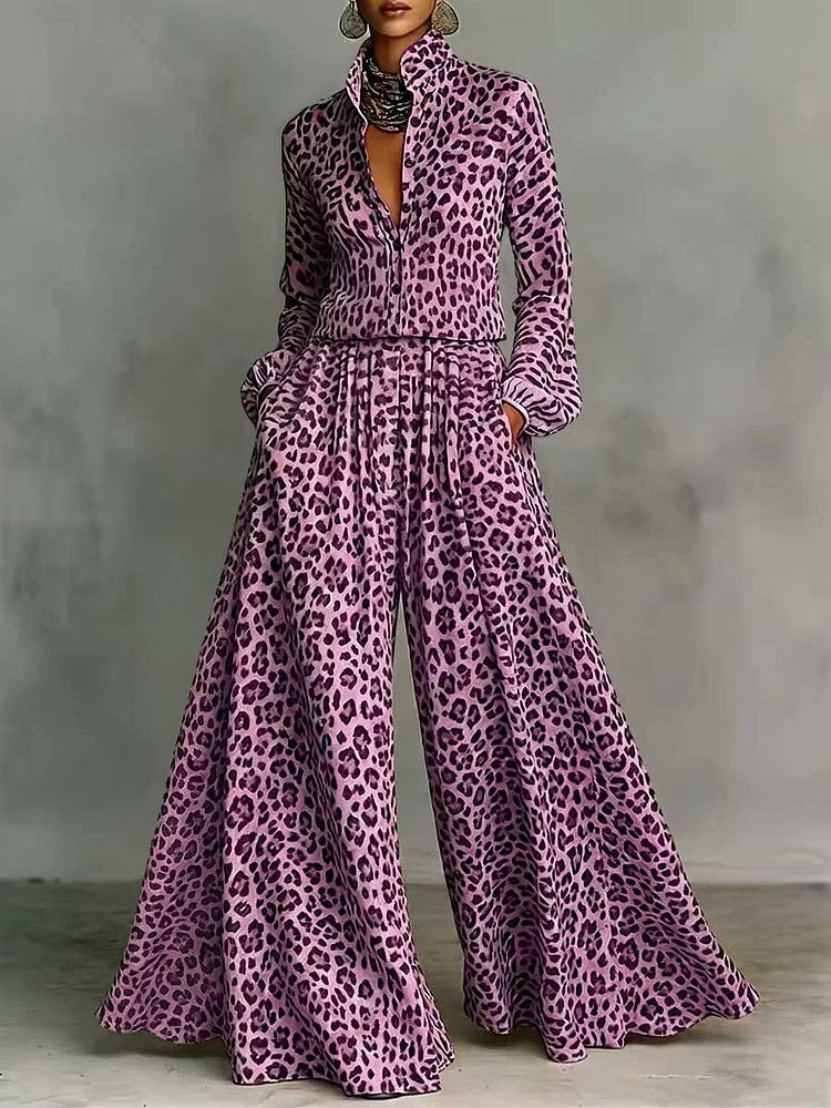 Leopard Print Wide-Leg Pants Set – Women’s Casual Two-Piece