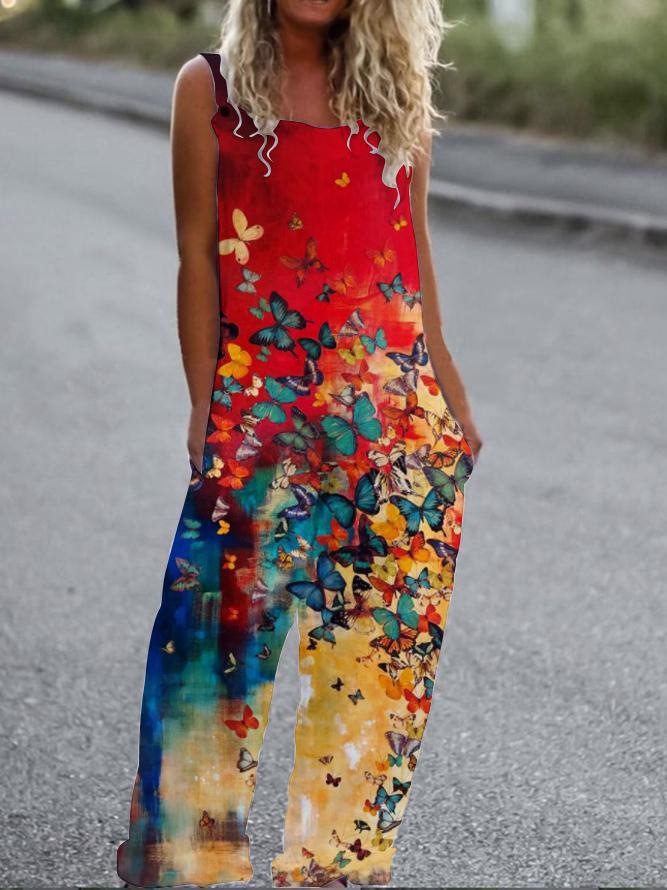 Women's Butterfly Print Overalls – Sleeveless Loose Fit Suspender Pants