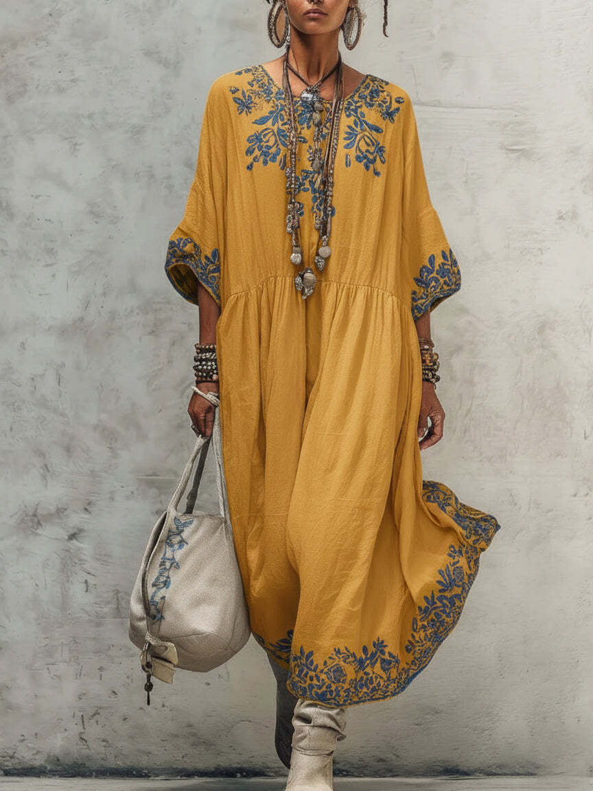 Women's Printed Batwing Sleeve Midi Dress – Loose Fit Linen Blend
