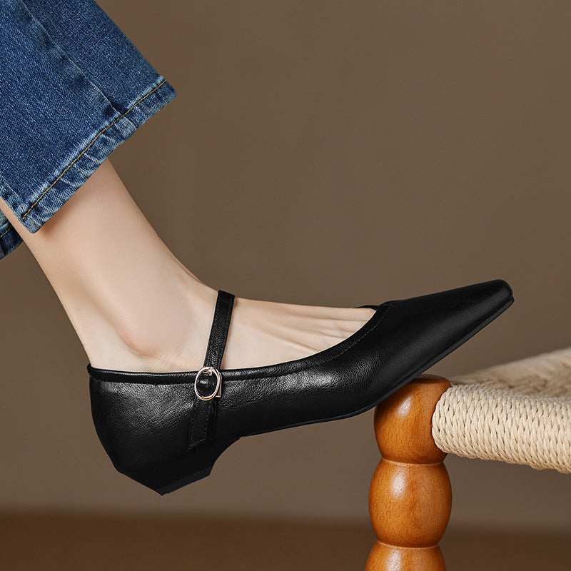 Women's Pointed Toe Low Square Heel Buckle Flats – Floral Detail Dress Shoes