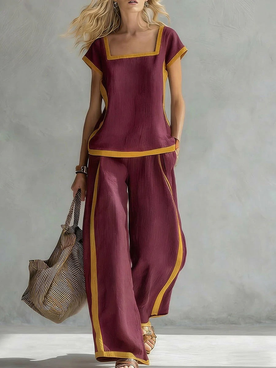 Square-Neck Three-Quarter Sleeve Loose Top & Pants Two-Piece Set
