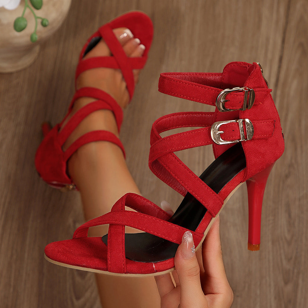 Women's Suede Stiletto Sandals | Pointed-Toe Ankle Strap Hollow-Out Heels in Red | Summer 2026