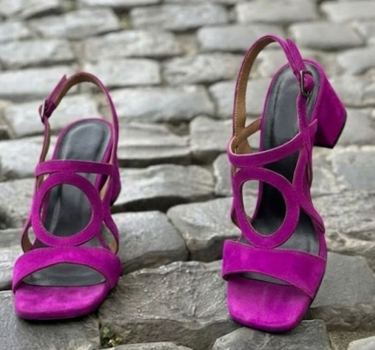 Women's Suede Hollow-Out Buckle Strap High Heel Sandals – Pointed Toe