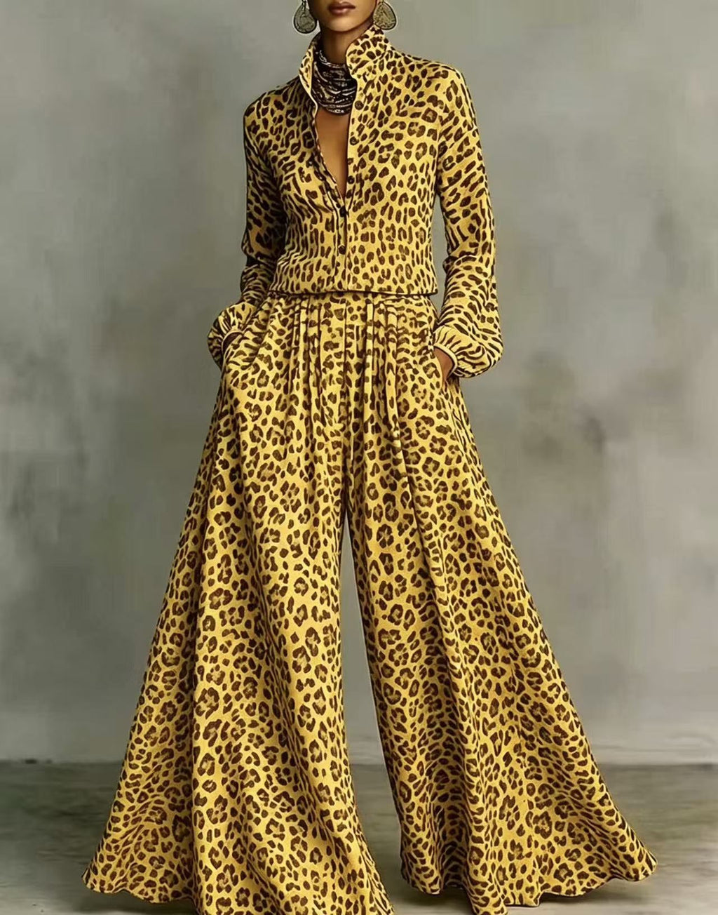 Leopard Print Wide-Leg Pants Set – Women’s Casual Two-Piece