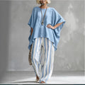 Women's Striped Batwing-Sleeve Loose Linen Two-Piece Set
