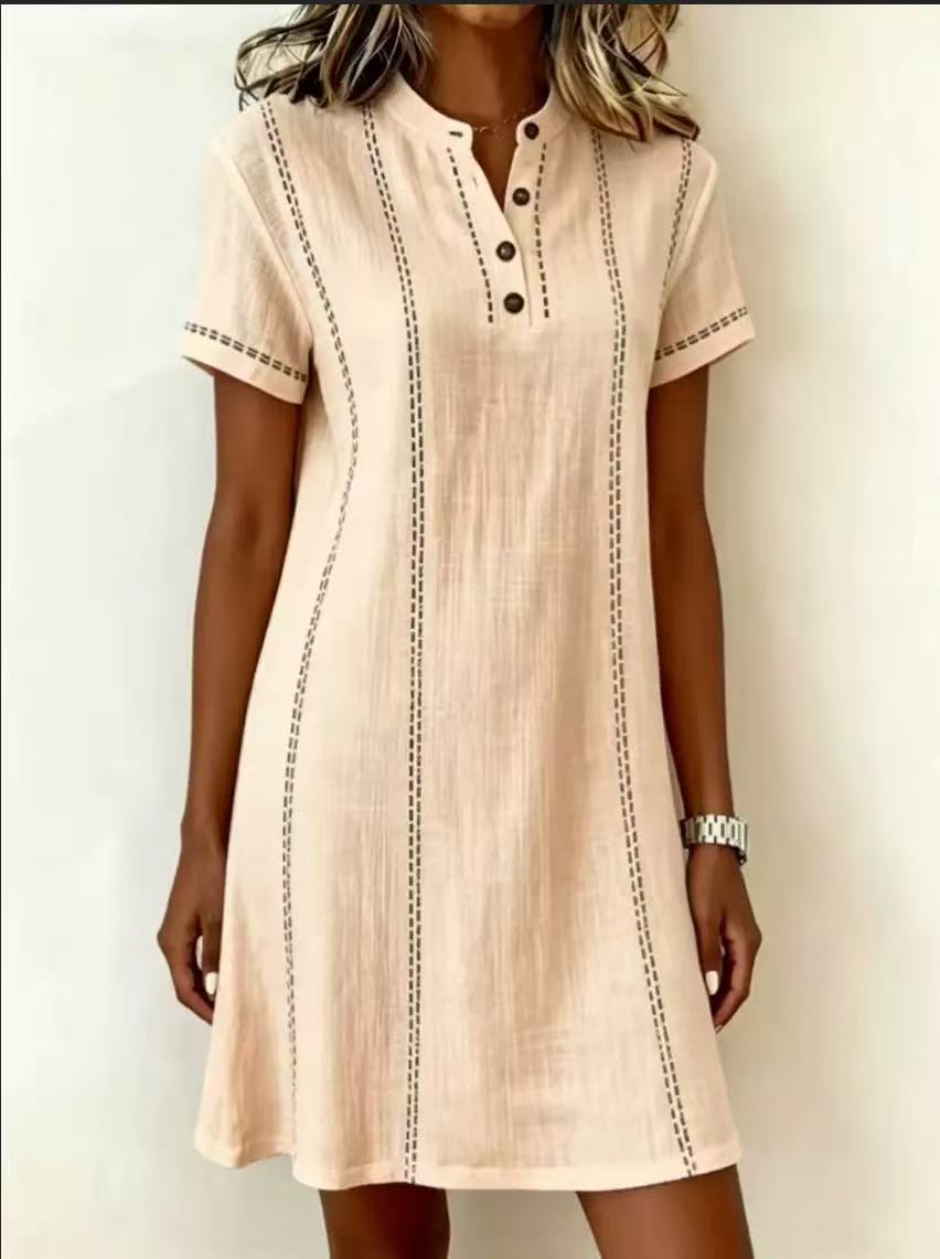 Women's Printed Button-Up Stand Collar Midi Dress – 3/4 Sleeve Loose Fit