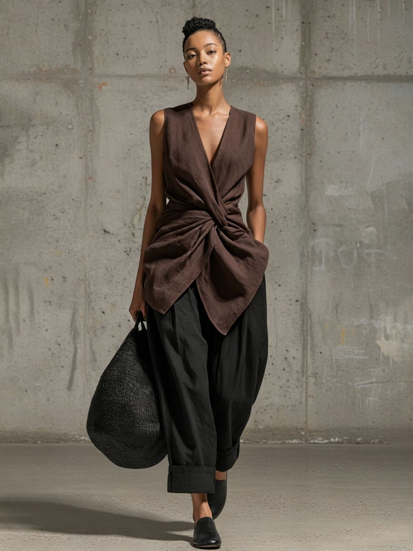 Women's Tie-Front V-Neck Sleeveless Top & Wide-Leg Pants Set