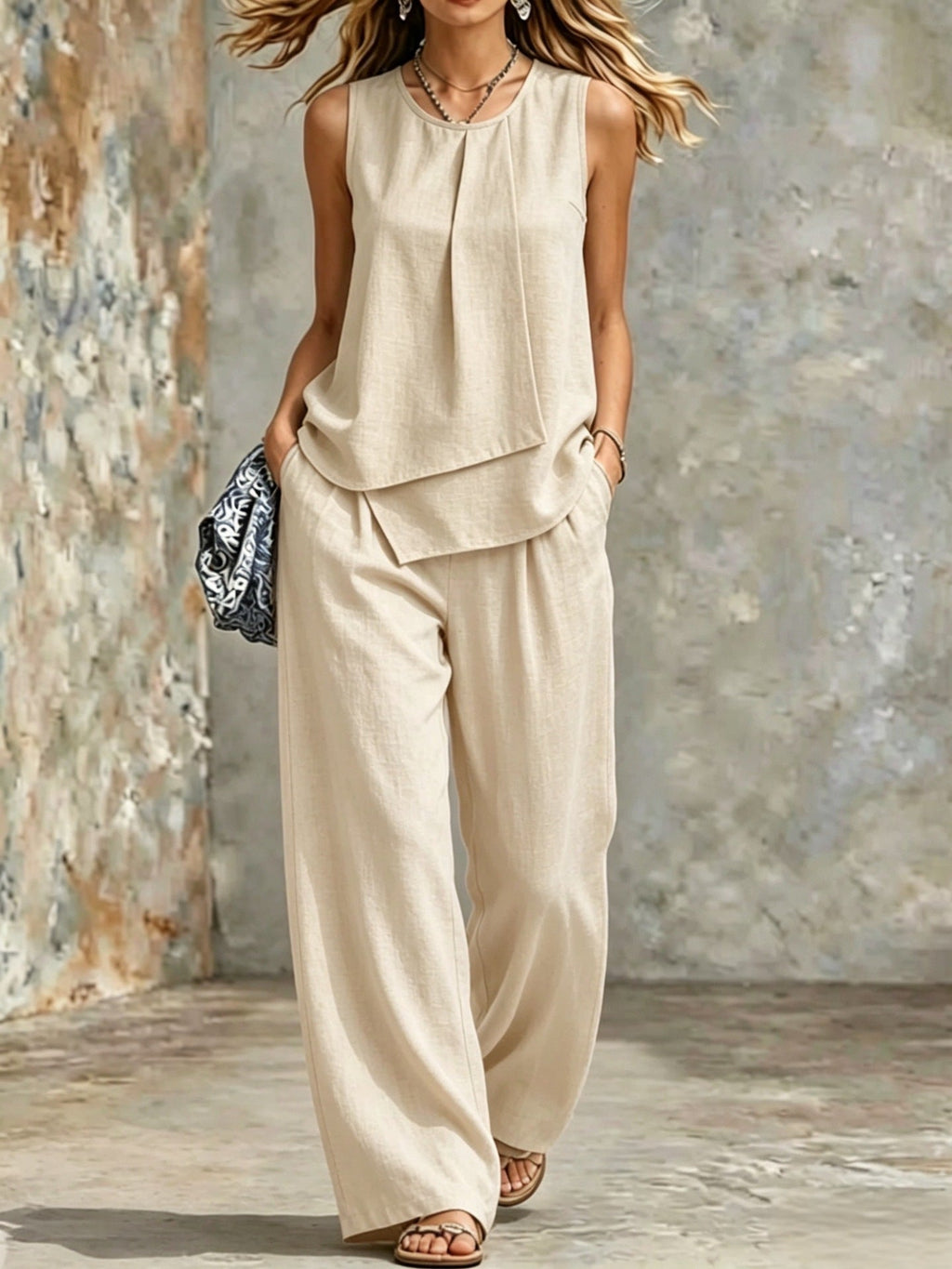 Women's Sleeveless Two-Piece Set – Solid Color Wide-Leg Pants & Top