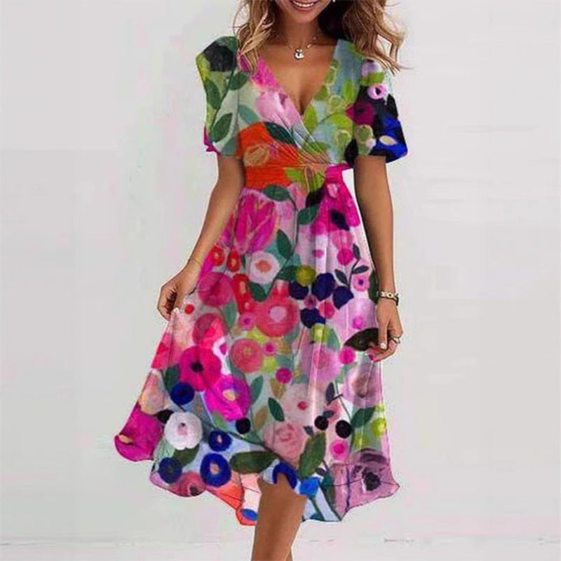 Floral Print A-Line Dress – V-Neck Short Sleeve Midi Dress