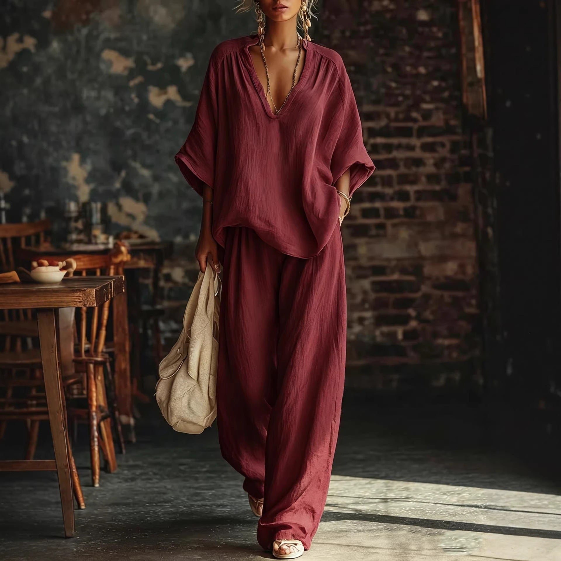 V-Neck Loose Short-Sleeve Top & Pants Set – 5 Colors, S–4XL