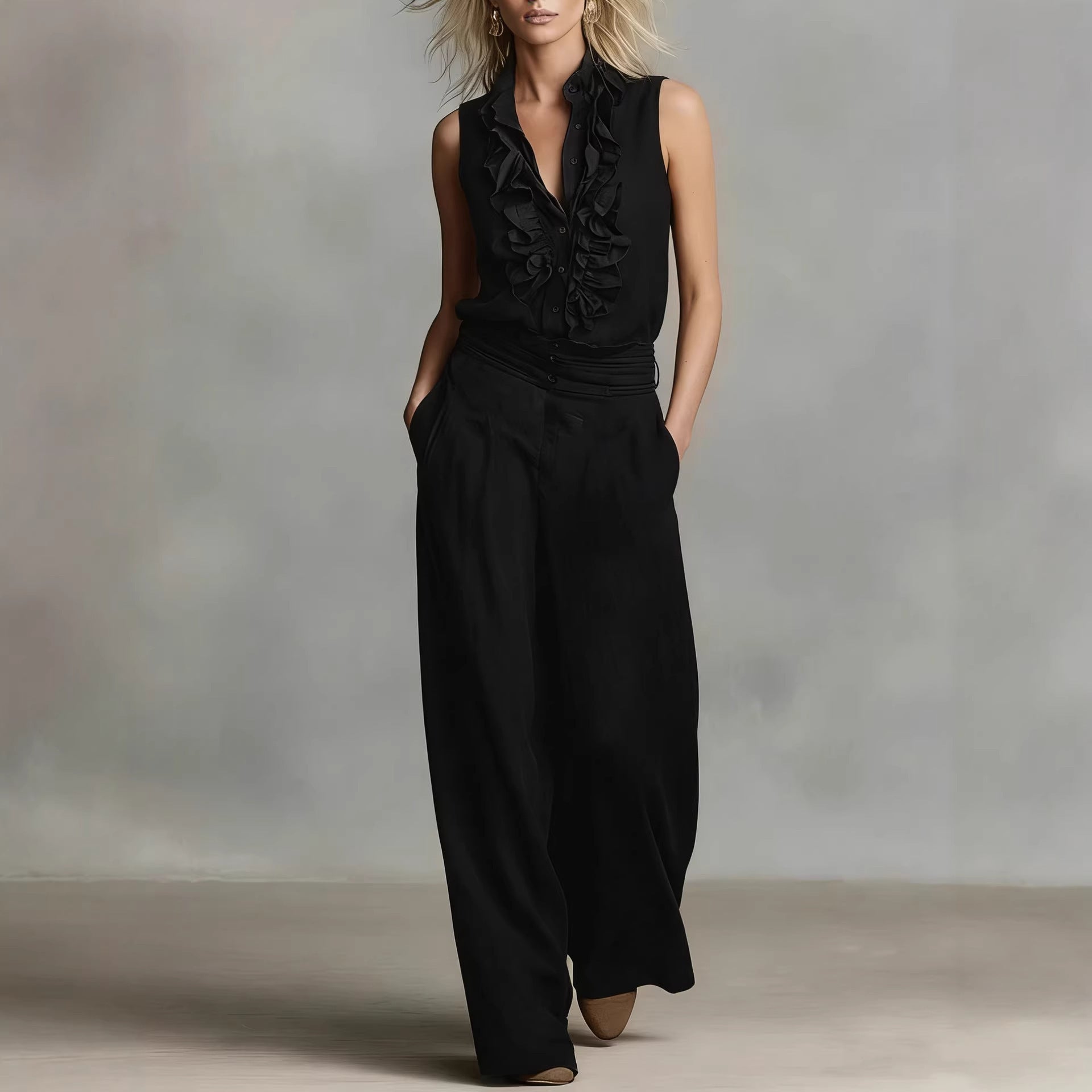 Women’s Linen Blend Two-Piece Set – Sleeveless Shirt & Wide-Leg Pants