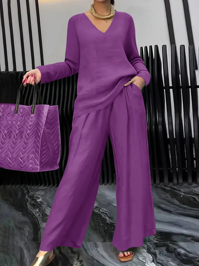 Solid Color Long Sleeve Top & Pants Two-Piece Travel Set