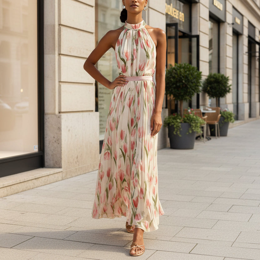 Women's Halterneck High-Waist Swing Dress – Floral & Solid Prints